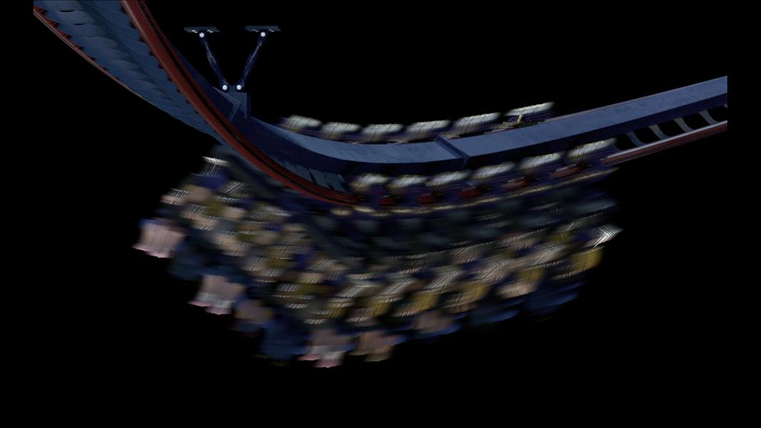 A 3D render of a hanging rollercoaster filled with people on a section of track. The rollercoaster has heavy motion blur. The section of blue rollercoaster track is on a black background.